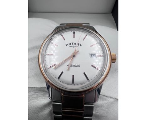 A gentleman's Rotary Avenger wristwatch with white face and bi metal strap, quartz movement. Box and papers. Spare links.Wind