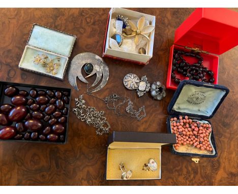 A quantity of vintage jewellery to include hallmarked silver, coral style, glass and amber beads, Stratton pheasant cufflinks