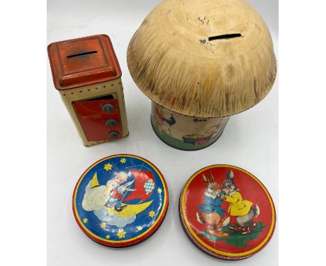 A William Crawford &amp; Sons Ltd Lucie Attwell’s Fairy House Biscuit 19cm h and Money Box together with two Wilkin’s Red Boy