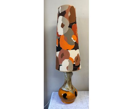Mid century floor standing lamp with ceramic base and orange multi coloured shade, shade measures 82cm h, whole lamp incl sha