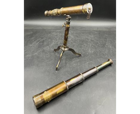 Two replica brass telescopes, a pedestal desk top telescope and a four drawer naval telescope both inscribed W. Ottway &amp; 