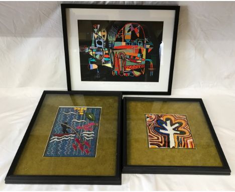 John Creighton print "Agricultural machine" dated 8/11/13 30cm h x 40cm w, along with two textile fabric art works one of a m