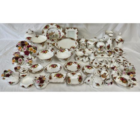 A large quantity of Royal Albert Country Roses to include planter, picture frame, a pair of bowls 17cm d, lidded vase, sleepi