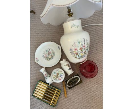 Ceramics and glass etc to include Aynsley table lamp, plate, vases and trinket box, cranberry glass jug and bowl, knives, cor