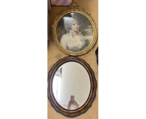 A 19thC gilt framed print of a lady 54cm x 45cm together with an oval mirror. 
