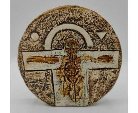 A Troika pottery wheel vase designed by Holly Jackson? signed to base, one side with crucifixion design, other side with whit