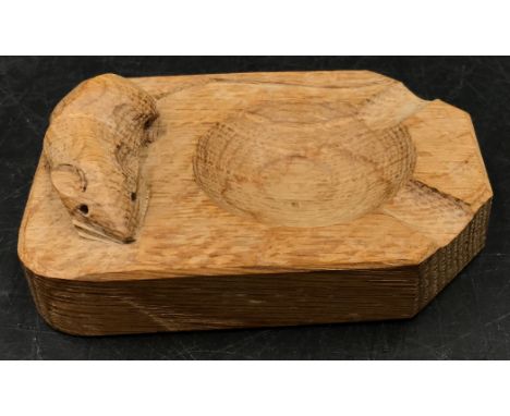 Robert Mouseman Thompson of Kilburn - an oak canted rectangular ashtray, carved with signature Mouse, 3.5cm h, 10cm w, 7.5cm 