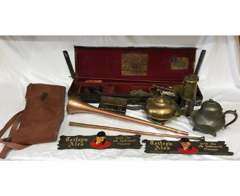 Vintage canvas covered gun case marked John Rigby, St James St, London with some cleaning rods with gun sleeve, along with a 