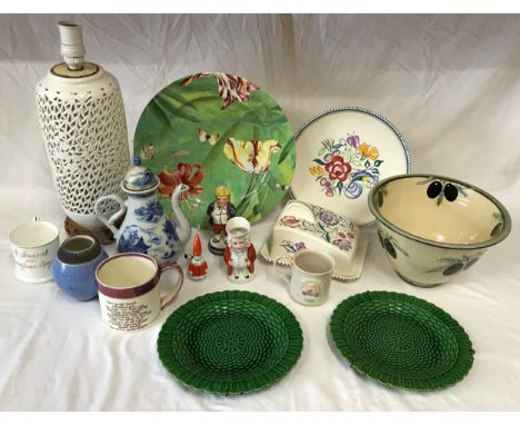 A miscellany of assorted ceramics to include Poole pottery cheese cover/plate with matching larger plate, a green floral plat