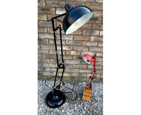 Two vintage Anglepoise lamps. Black with weighted base, approx 112cm and red on a wooden three step base approx. 68cm. 