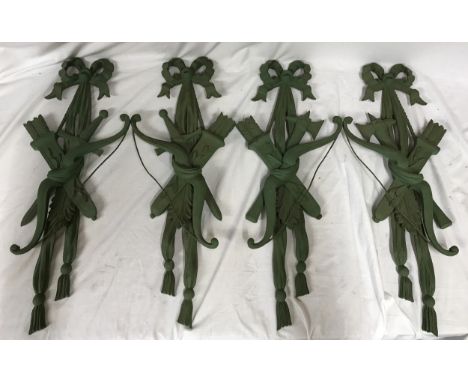 Two matching pairs of ornamental carved wall decorations depicting arrows and a quiver painted green 71cm h x 27cm w, one pai