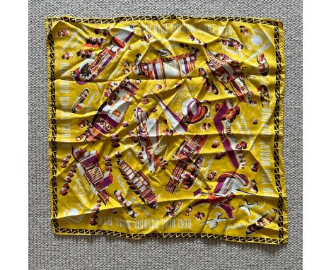 A New York World`s Fair, 1939, silk scarf, screen printed on a yellow background, 50 by 50cm. 