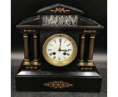 Black slate mantle clock 32cm h x 32cm w x 14cm d with architectural features including marble columns and pediment and gold 