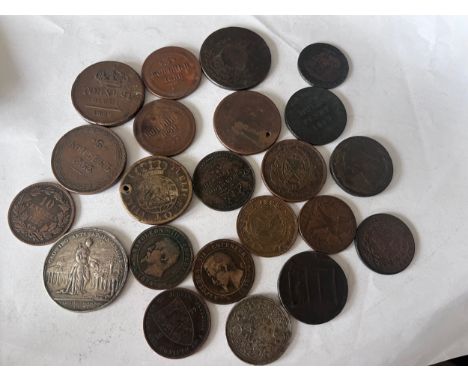 Various coins to include Medals, 'Jernegan's Lottery 1736' by J Tanner, one twelfth of a shilling 1877, napoleon III 1856, On