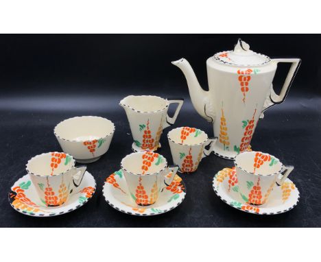 A Burleigh Ware Art Deco style hand painted part tea set comprising of teapot 20cm h, milk, sugar, 4x tea cup and 3x saucers.