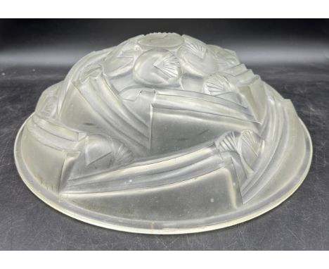Frosted glass Art Deco ceiling light shade with brass fitting. 40cm diameter, 15cm depth. 