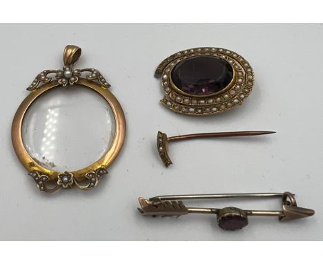 Jewellery to include early 20thC 9ct gold and seed pearl locket, unmarked seed pearl and purple stone brooch and an unmarked 