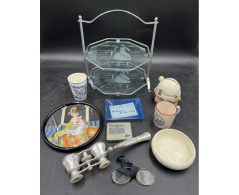 Quantity of vintage miscellaneous items to include, a chrome and glass cake stand 25cm h, a pair of Mother of Pearl opera gla