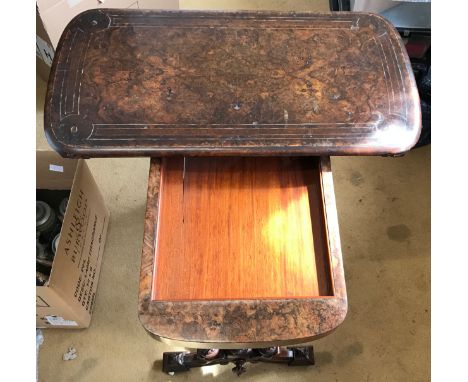 Victorian burr walnut card table, baize-lined fold-over top, carved turned double supports joined by a rail, approx 69cm h x 