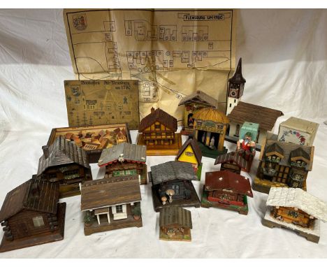 A collection of vintage wooden items to include eight musical buildings comprising, five alpine chalets, a church, 'The Shake