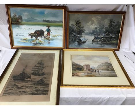 A collection of three paintings from various artists to include, a watercolour of a lake landscape scene depicting boats and 
