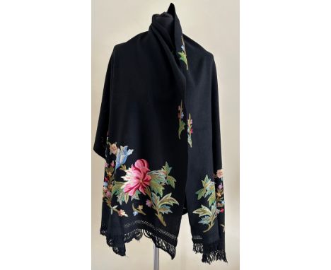 A black vintage embroidered wool shawl. 67 x 180cm including tassels. 