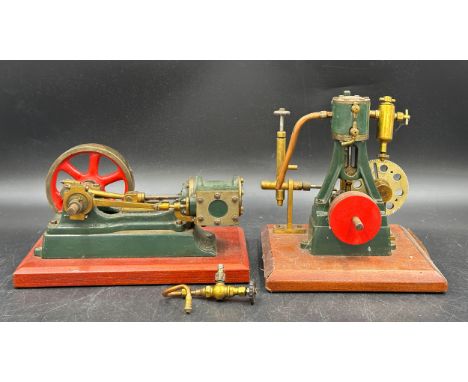 Two scratch built steam engines, one vertical the other horizontal on wood bases. Vertical engine base 16 x 15cm. Horizontal 
