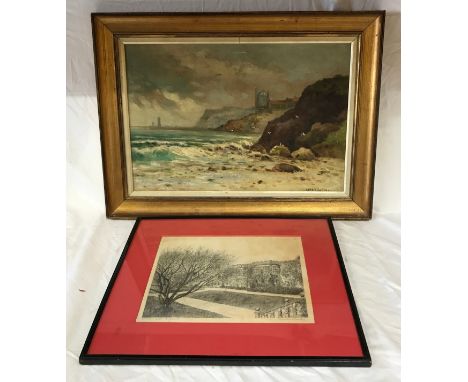 Oil on canvas of a coastal scene (believed to be Whitby) signed in the bottom right corner Chas Potter image size 32cm x 48.5