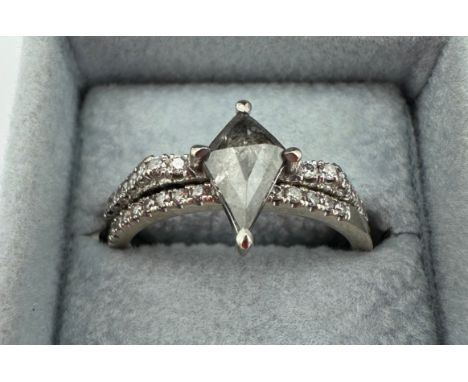 Rachael Boston London X-Maat ring in 18 carat white gold. RRP £3,200. With 0.46 kite shaped grey diamond together with half b