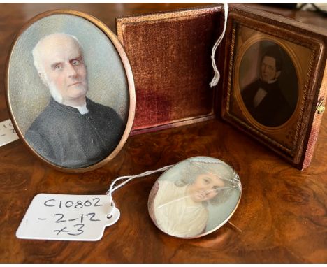 Two 19thC portrait miniatures on ivory together with an aquatint miniature portrait, 8 x 6cm. Submission reference CU66TABR f