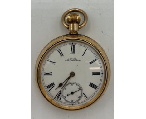 A gold plated Waltham pocket watch with subsidiary seconds dial. 4.5cm d. Marked to face A.W.W. Co. Waltham Mass. 