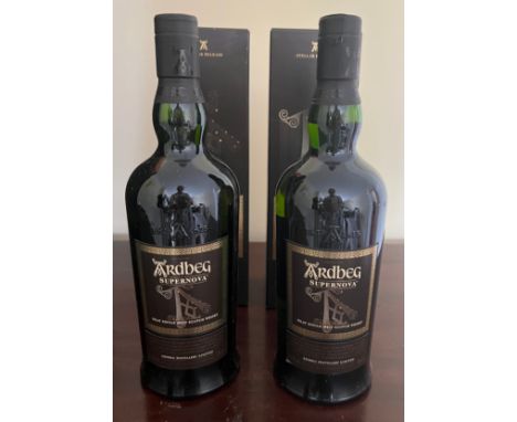 Two bottles of the Ardbeg Supernova Stellar Release Single Malt Scotch Whisky. 70cl. 58.9% abv. In original cartons. Level mi