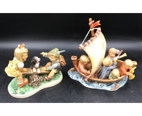 Two large limited edition Goebel figurines to include, 'Land in Sight' boat on sea with five children No. 17021 of 30,000 imp