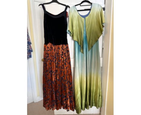 Two vintage dresses to include a 1930's ? silk and orange sleeveless silk devoré dress, underarm to underarm approx. 42cm, to