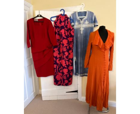 A Lee Bender at Bus Stop of London burnt orange, fitted sleeves dress, button through with a ruffle to neck measures shoulder