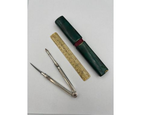An early 19thC shagreen cased draughtsman’s compass and ruler set. 13cm l.