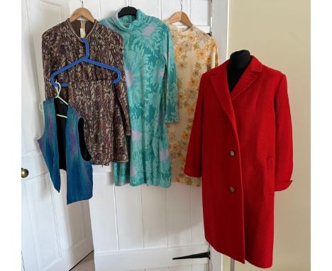 A collection of vintage clothing to include a Rodex red cashmere coat, two Pringle cashmere 1960's sweater dresses, a Merilee