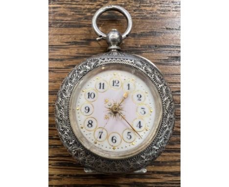 A continental silver ladies pocket watch with pink and white enamel dial. Marked 0.935 to interior. 3.5cm d. 