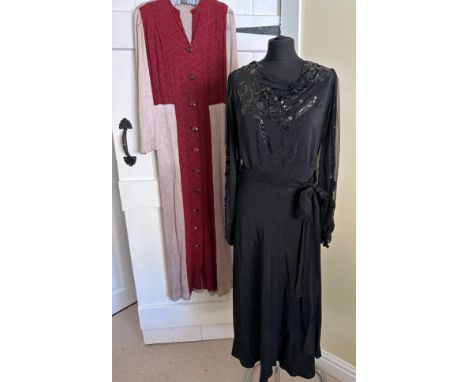 Two vintage dresses to include a 1940's black sequinned silk dress, (copper highlights and lurex detail) with chiffon sleeves