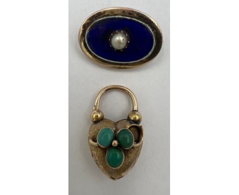 An early 19thC unmarked yellow metal, enamel and cultured pearl brooch 2.5cm x 2cm,  together with an unmarked yellow metal p