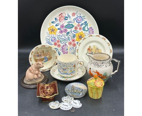 Various ceramics to include: a Poole charger 34cm d, a Burleigh Ware 'Farmers Arms' large cup and saucer, a Carlton Ware 'Aus