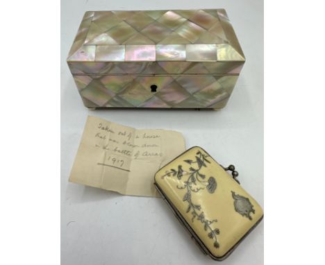 Victorian Mother of Pearl jewellery casket 6.5 h x 13 w x 7cm d together with an early 20thC French plastic and white metal i