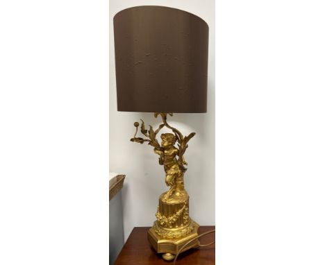 A good quality 19thC ormolu table lamp with cloven hoofed figure 80cm h to top of shade. 
