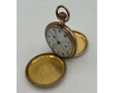 A Prescott full hunter gold plated pocket watch with subsidiary seconds dial. Case numbered 254089. 