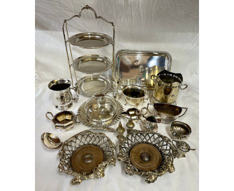 A quantity of silverplated items to include 2 wine coasters, wine cooler, 3 tiered cake stand, sugars, jugs, ladle, tankard, 