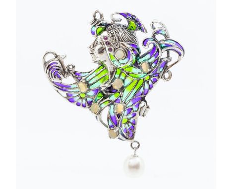 A silver and plique a jour brooch in the form of an Art Nouveau lady, the dress adored with oval and round cut white opals an