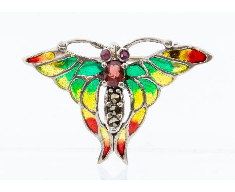 A silver and plique a jour brooch in the form of a small butterfly, the body set with ruby and maracsite stones, size approx 