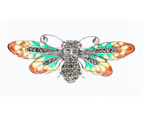 A silver and plique a jour brooch in the form of an be, the body and wings set with marcasite, ruby set eyes, with green, red