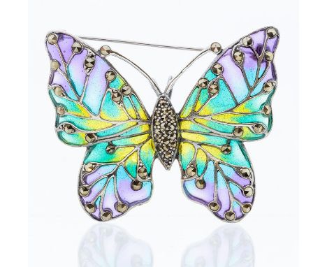 A silver and plique a jour butterfly pendant/brooch, the body and wings set with marcasite, purple, blue and green enamel, si