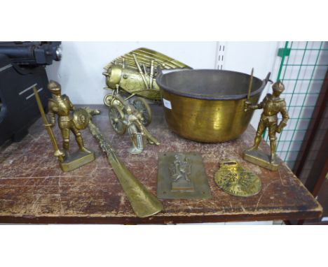 A brass jam pan, brass model of a cannon and a brass model plaque of a bi-plane